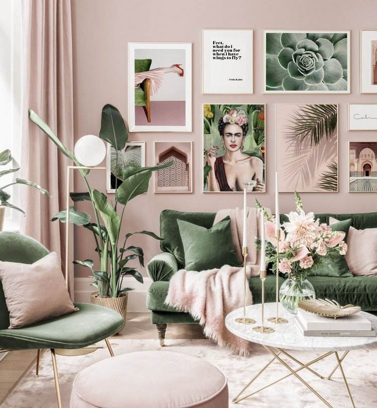 blush pink and green living room interior design