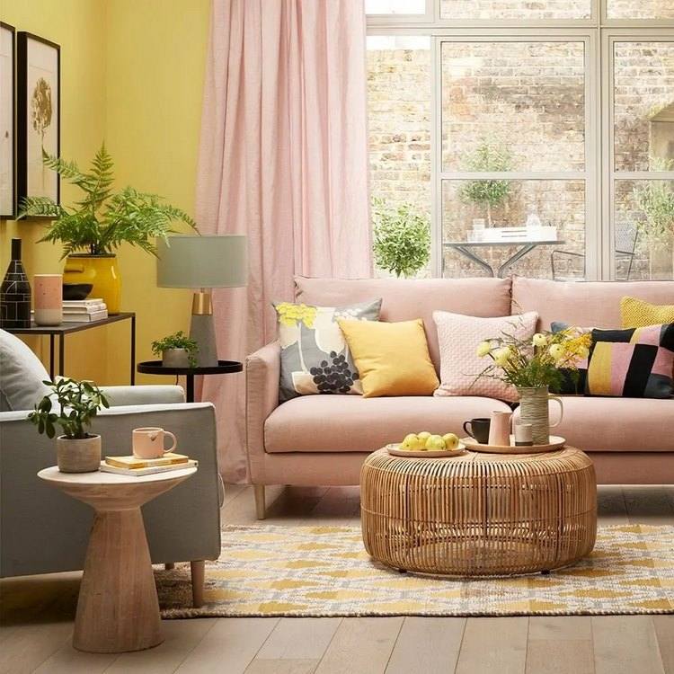 blush-pink-and-yellow-living-room-gray-armchair