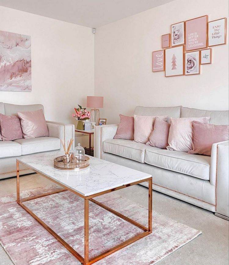 modern living room white and blush pink color scheme ideas