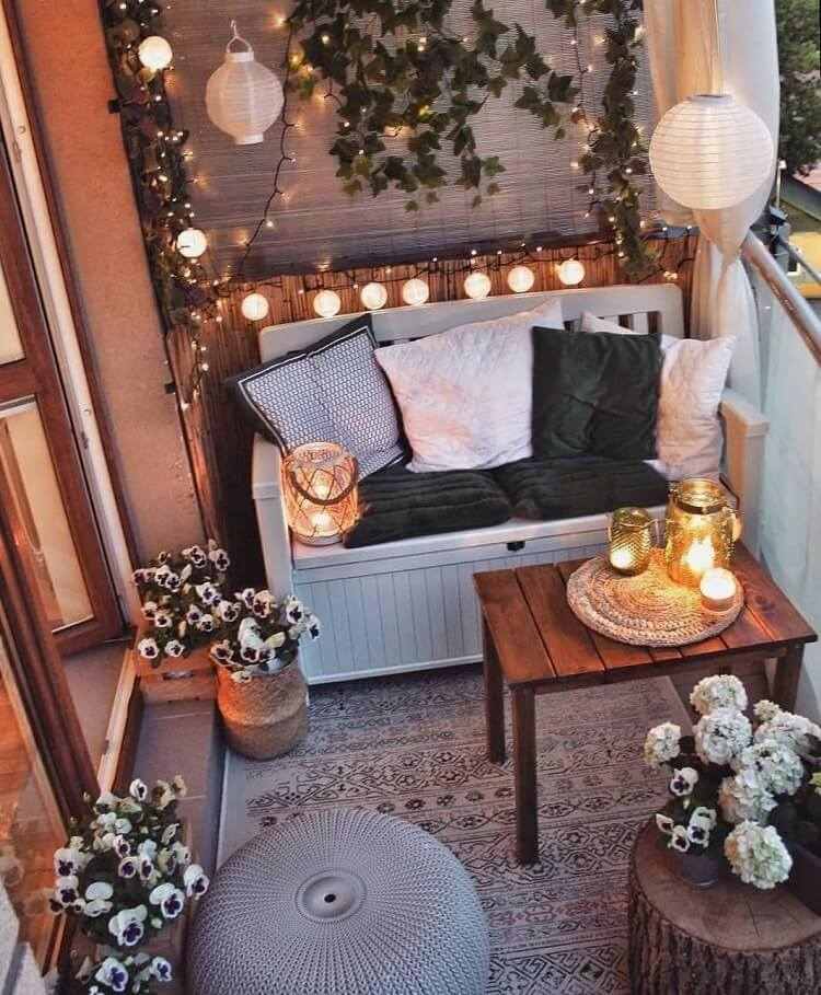 small balcony design ideas fairy lights bench coffee table