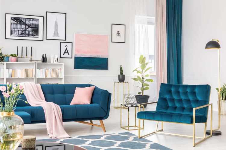 sophisticated living room interior blush pink and blue