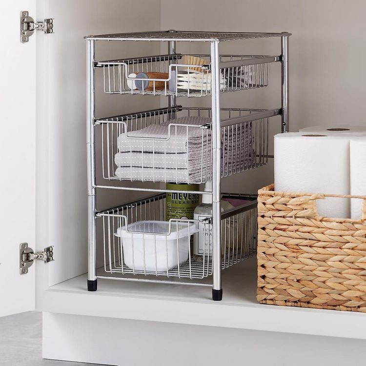 tiered storage shelves for under sink cabinet