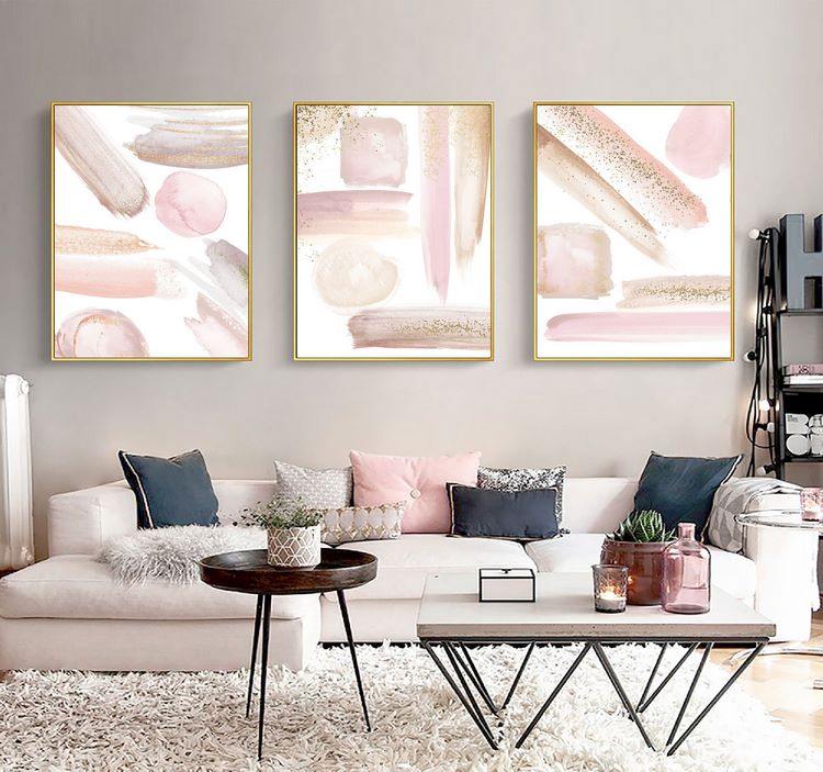 wall art in living room blush pink color ideas
