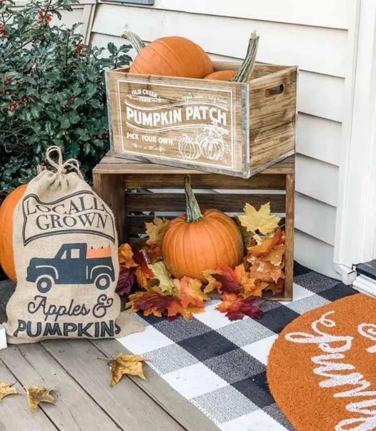 Wooden crates decoration for autumn with pumpkin artificial leaves