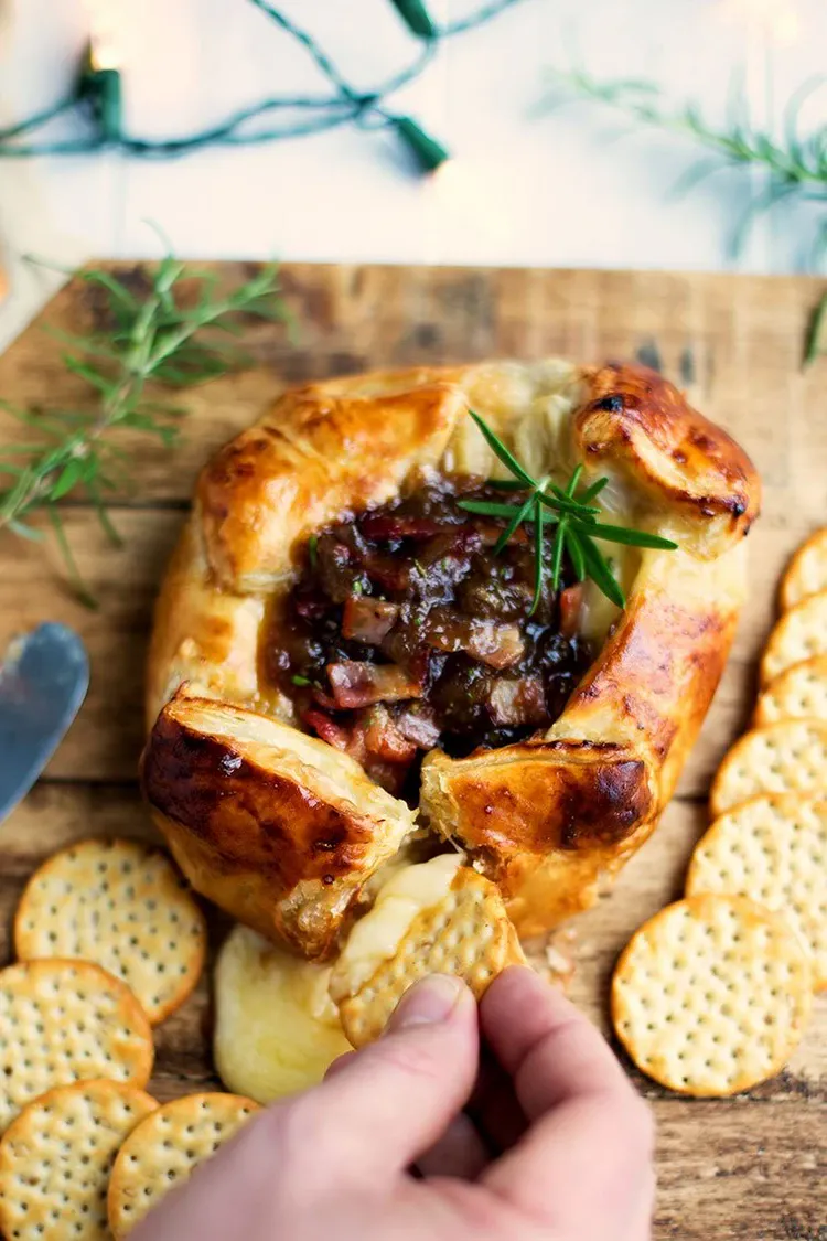 Baked Brie En Croute with Caramelized Onion and Bacon