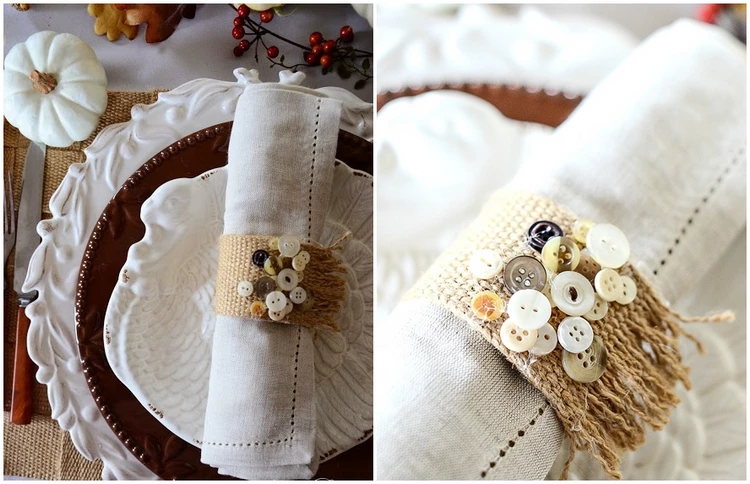 DIY No Sew Thanksgiving Napkin Rings with Burlap and Buttons