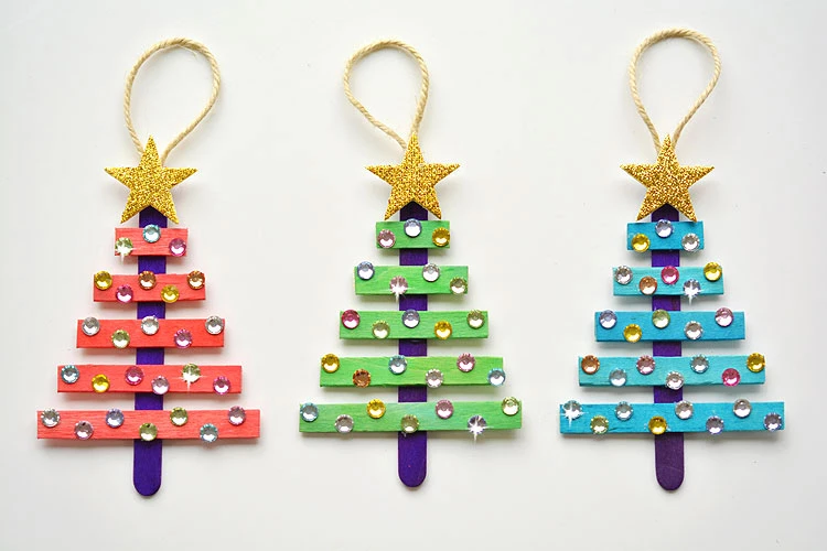 Glittering Popsicle Stick Christmas Trees Crafts for Kids
