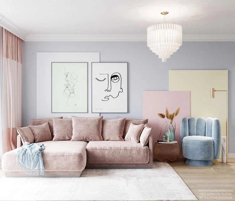 soft pastel colors in contemporary living room interior