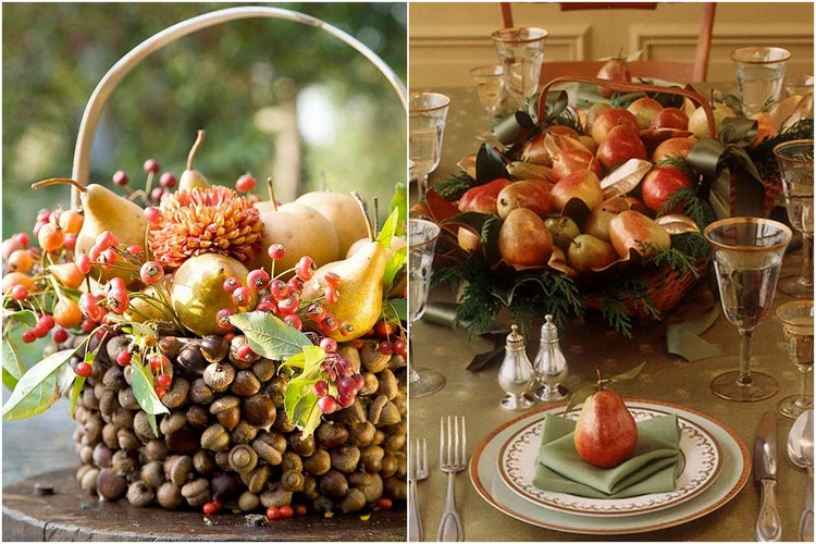 thanksgiving centerpiece table fruit basket with nuts pear apples