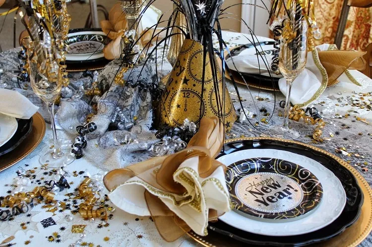Black White and Golden New Years Eve Party Table Decoration