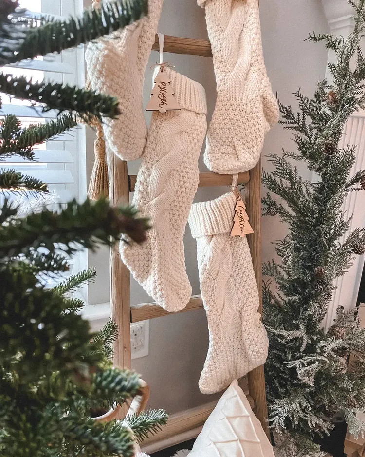 Boho Christmas Ideas stockings on ladder