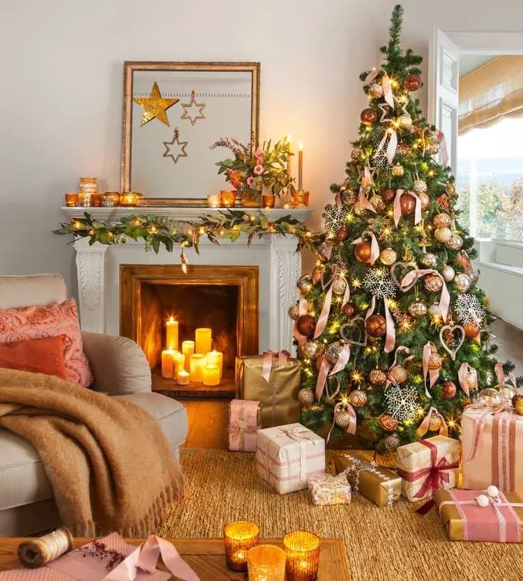 Living room decorated for Christmas in gold
