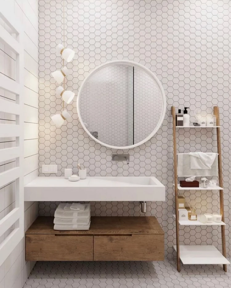 Scandinavian Bathroom Design with Honeycomb wall tile floating vanity