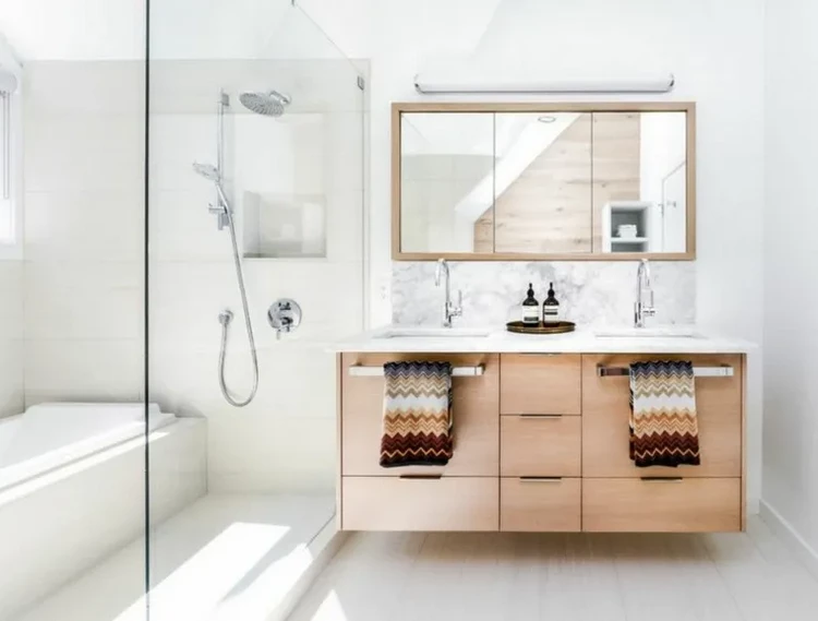 Scandinavian style bathroom decor ideas wooden vanity mirror