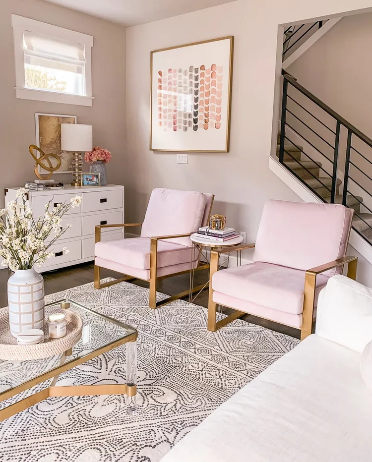 modern living room design blush pink and gold decor