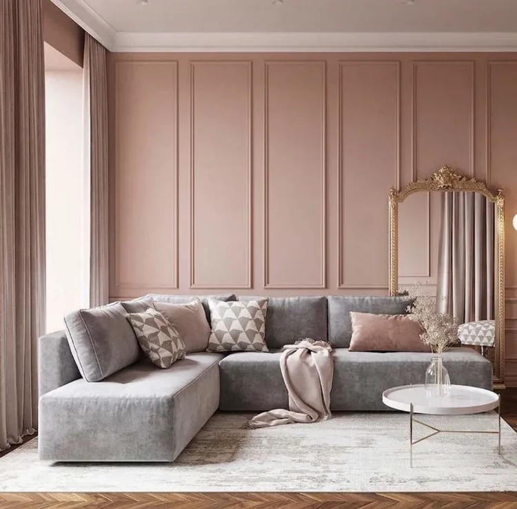 chic living room decor rose gold and gray sofa