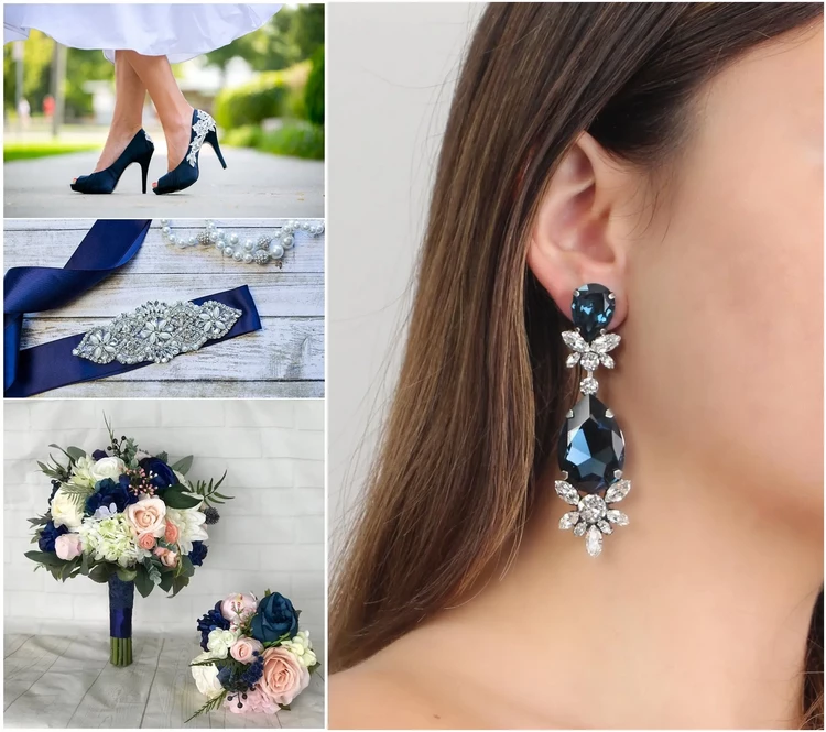 bride outfit ideas navy blue accents jewelry shoes