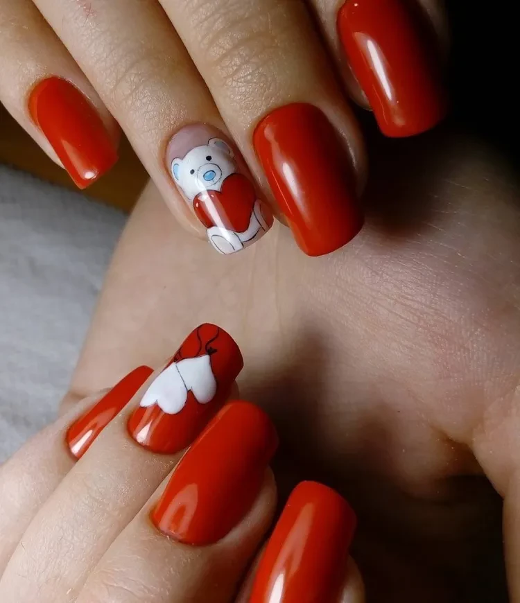 classic red french manicure with Valentines day nail art