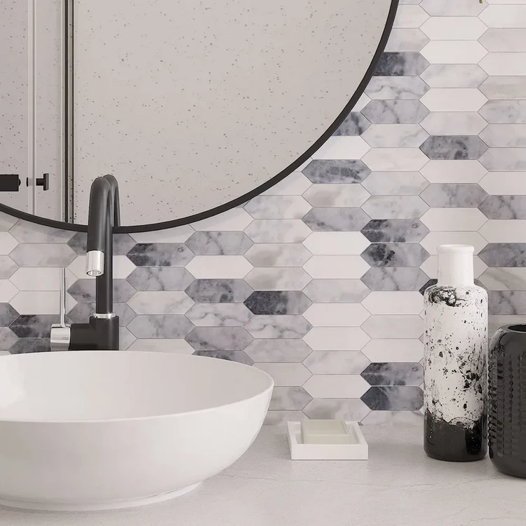 marble picket tile bathroom sink backsplash