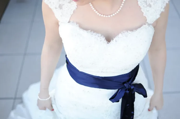 navy blue wedding theme bridal sash accent