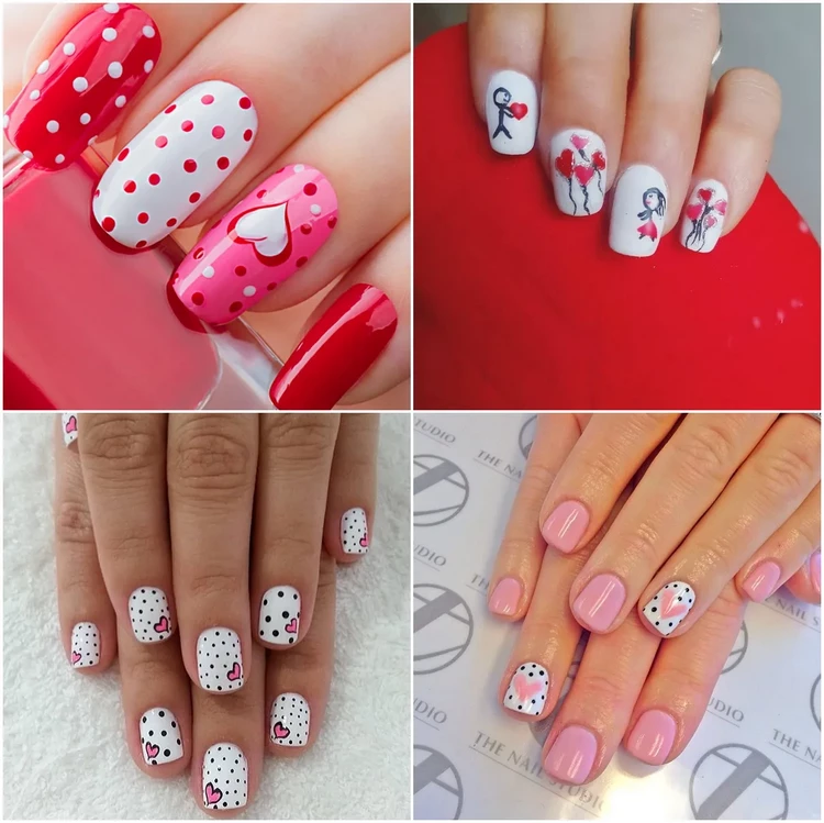 Valentines day manicure ideas polka dots and drawings