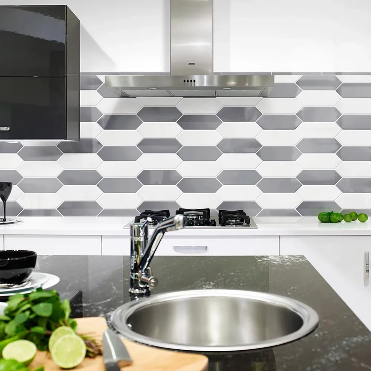 placa para salpicaduras de cocina de piquete de azulejo blanco gris