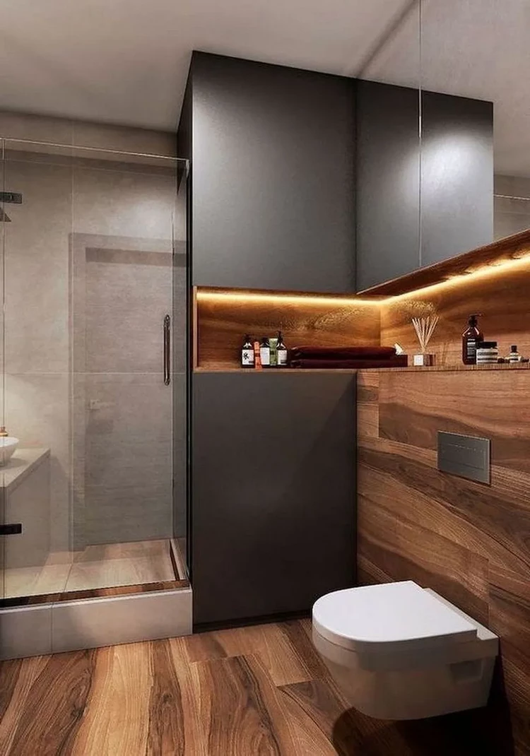 Wood in the bathroom adds warmth to the design