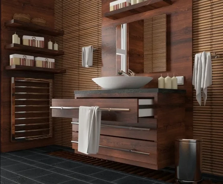 Ideas de muebles de madera y accesorios de baño.