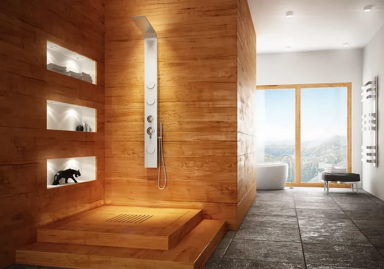 natural wood in the bathroom requires maintenance