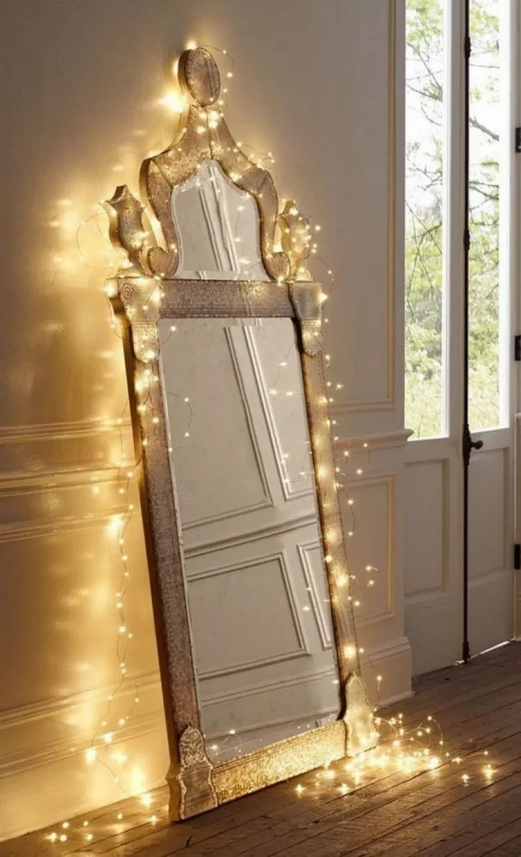 mirror decorated with fairy lights