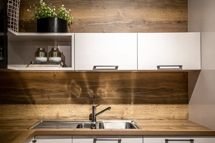 modern wooden kitchen countertop and backsplash
