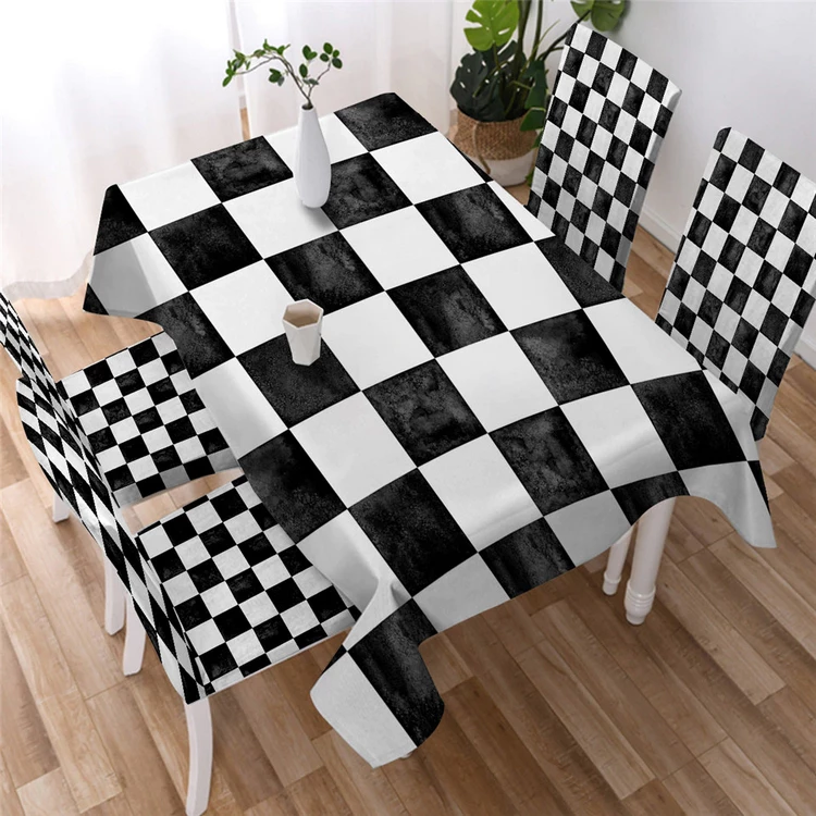 black and white chequerboard pattern tablecloth and dining chairs
