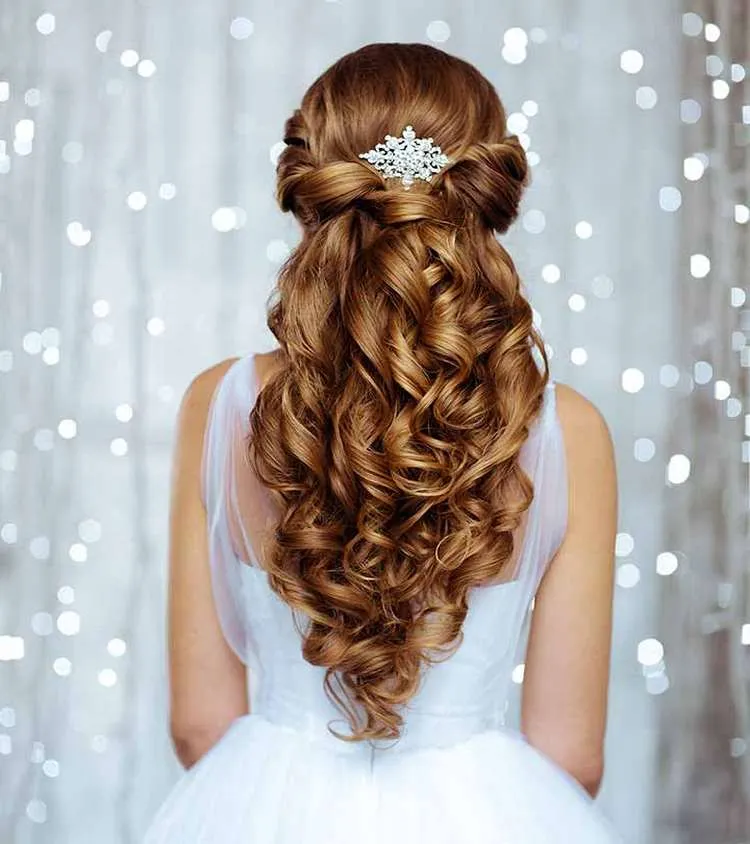 Half up and Loose Curls 2022 Wedding Hairstyle with Bangs