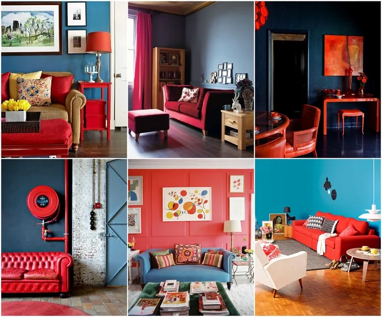 Combinación de colores azul y rojo para interiores de casas.