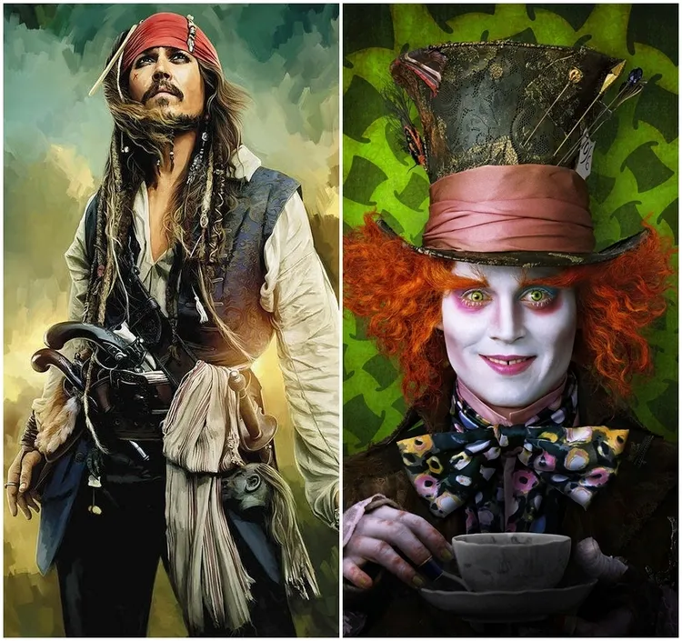 Johnny Depp as Jack Sparrow and Mad Hatter