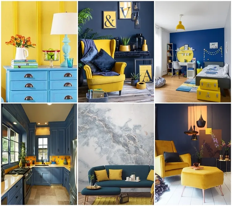 Cómo combinar azul y amarillo en interiores de casas.