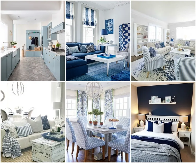 esquema de color blanco azul de diseño de interiores de moda