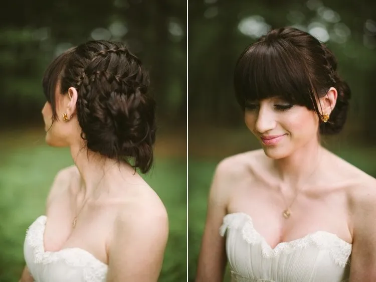 fashionable braided wedding updo with bangs 2022 trends