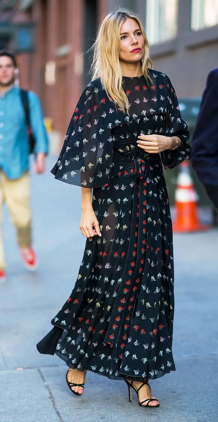 Sienna Miller in a long boho chic style dress