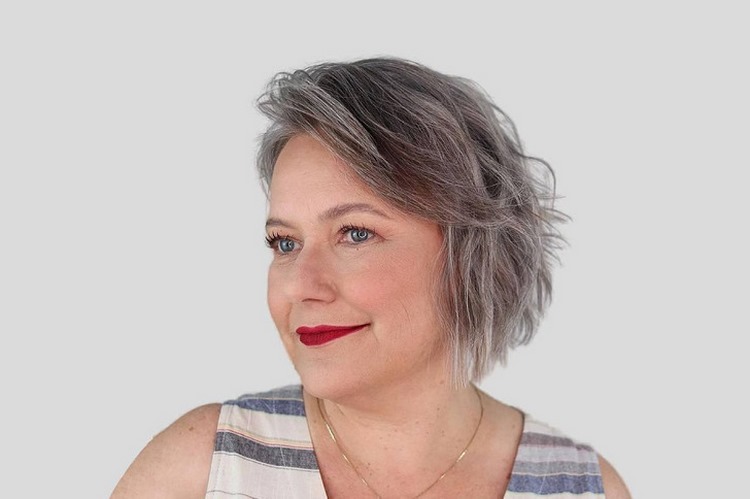Layered Bob with side parting for thin hair women over 60