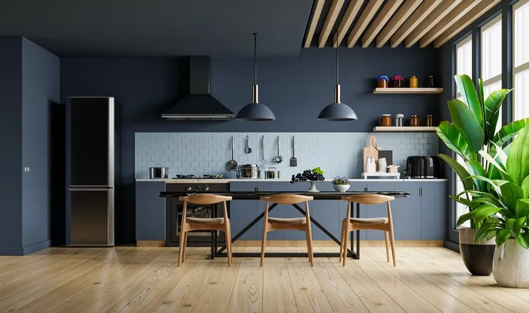 blue cabinets and wall paint modern kitchen interior design
