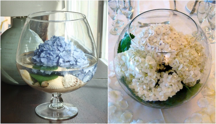 Decoration with hydrangeas you can let the flowers float in a bowl of water