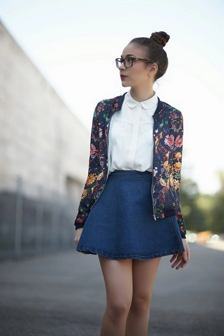 Fashion trend 2022 denim skirt combine with a stylish bomber