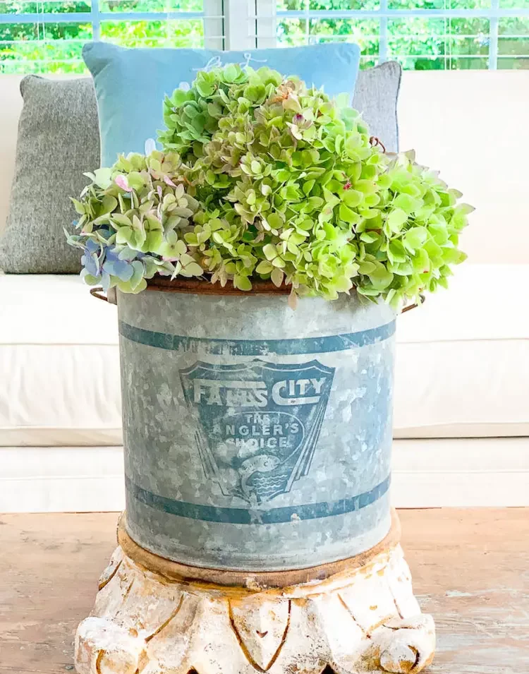 decoration with hydrangeas in a vintage bucket