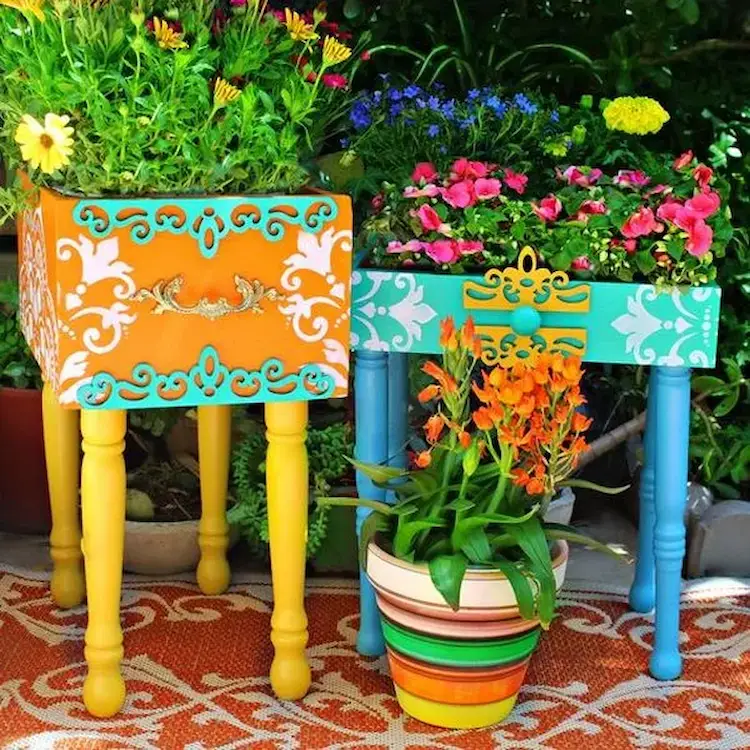 diy garden decoration with old drawers colorful flower boxes