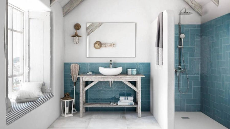 bathroom tiles contrast with white walls