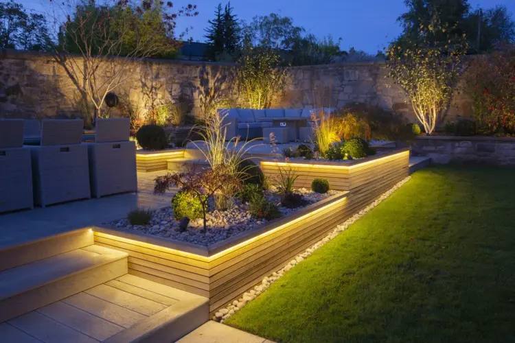 cozy garden design with lighting with dimmed light