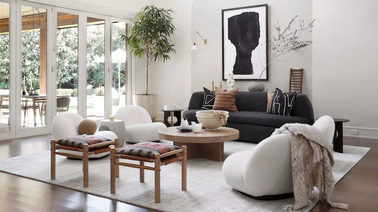 large living room with designer furniture and comfortable seating