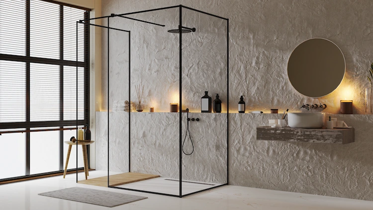 mediterranean bathroom with minimalist shower cabin and mirror