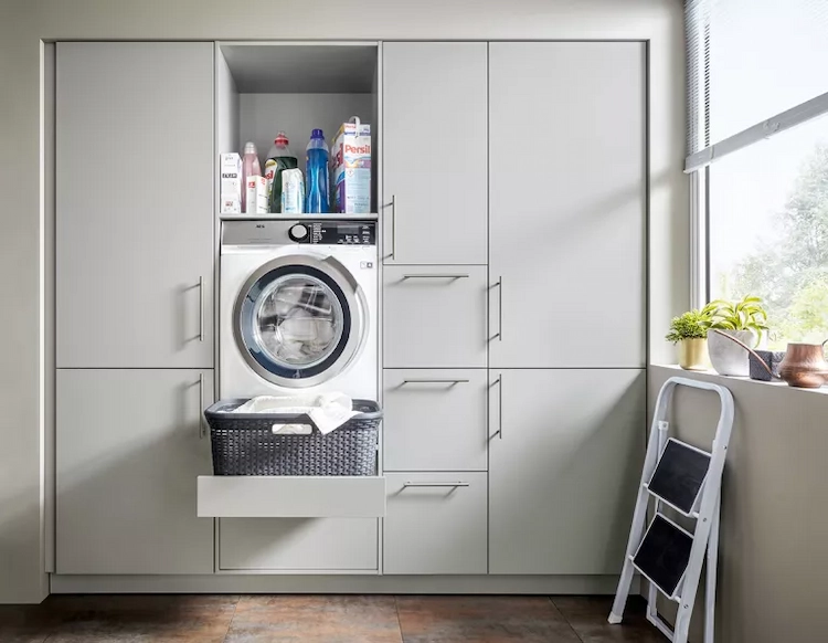 minimalist furnishings with built in cabinets in utility room